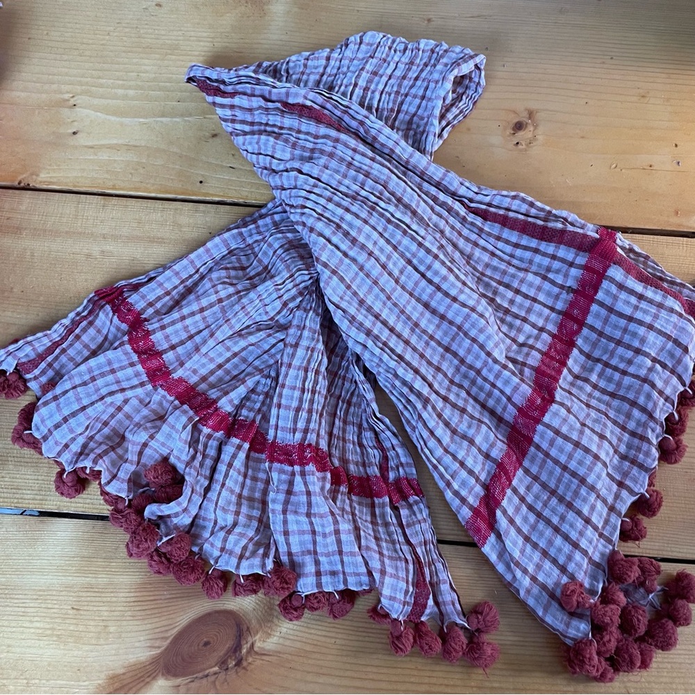 Meg Cohen Cotton / Silk Gauze Scarf - Cream & Red Pom Pom Tassel Trim